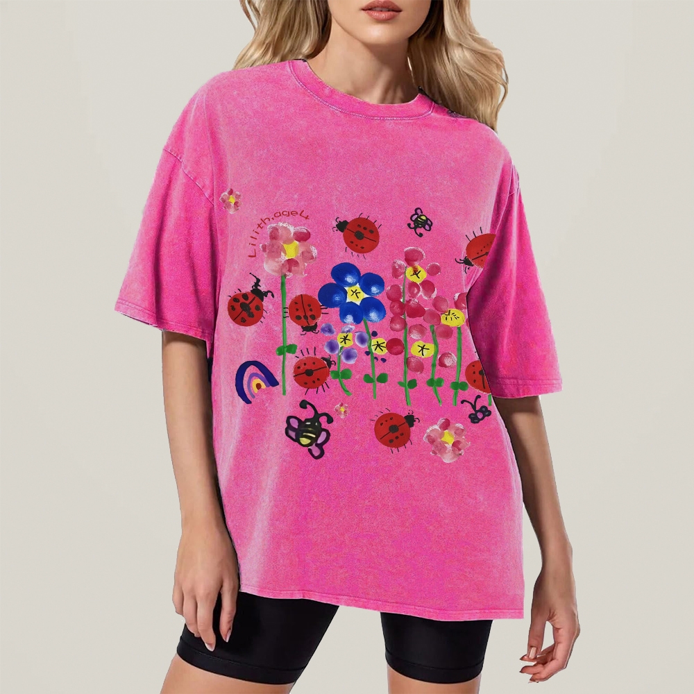 Flowers And ladybugs Hand Painted Art from a Child's Hands T-shirt