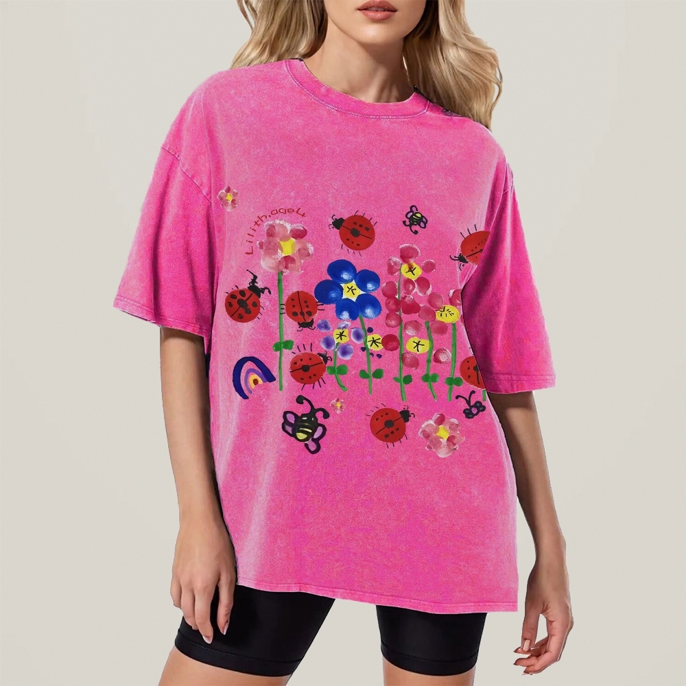 Flowers And ladybugs Hand Painted Art from a Child's Hands T-shirt