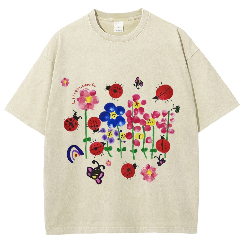 Flowers And ladybugs Hand Painted Art from a Child's Hands T-shirt