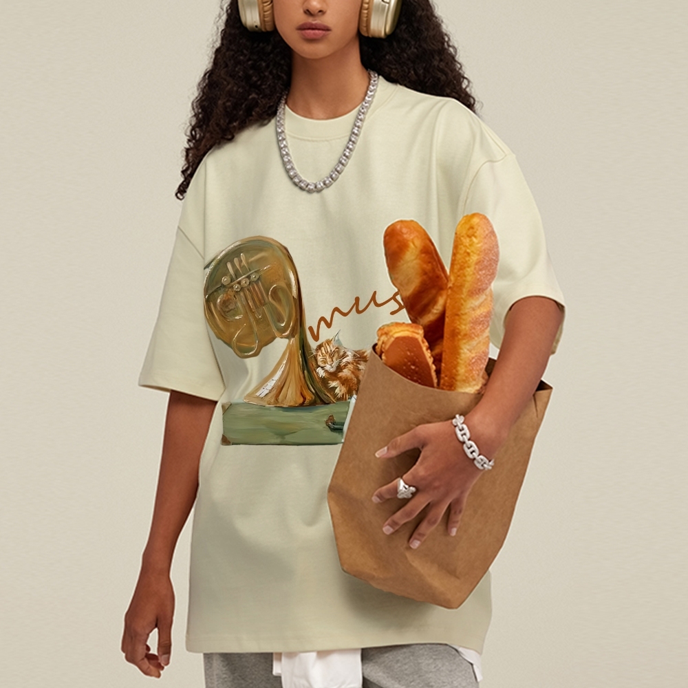 Cat listening To Music Hand Painted Art from a Child's Hands T-shirt