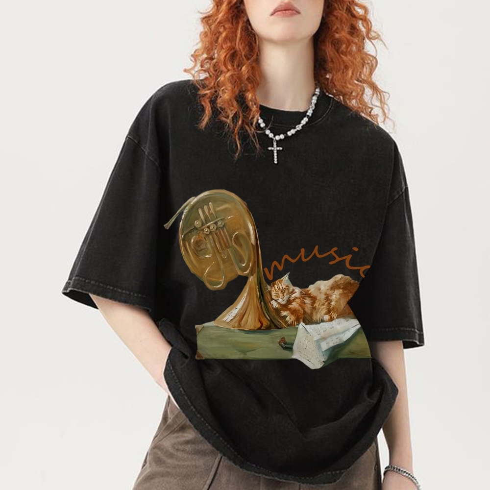 Cat listening To Music Hand Painted Art from a Child's Hands T-shirt