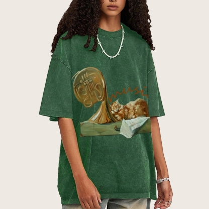 Cat listening To Music Hand Painted Art from a Child's Hands T-shirt