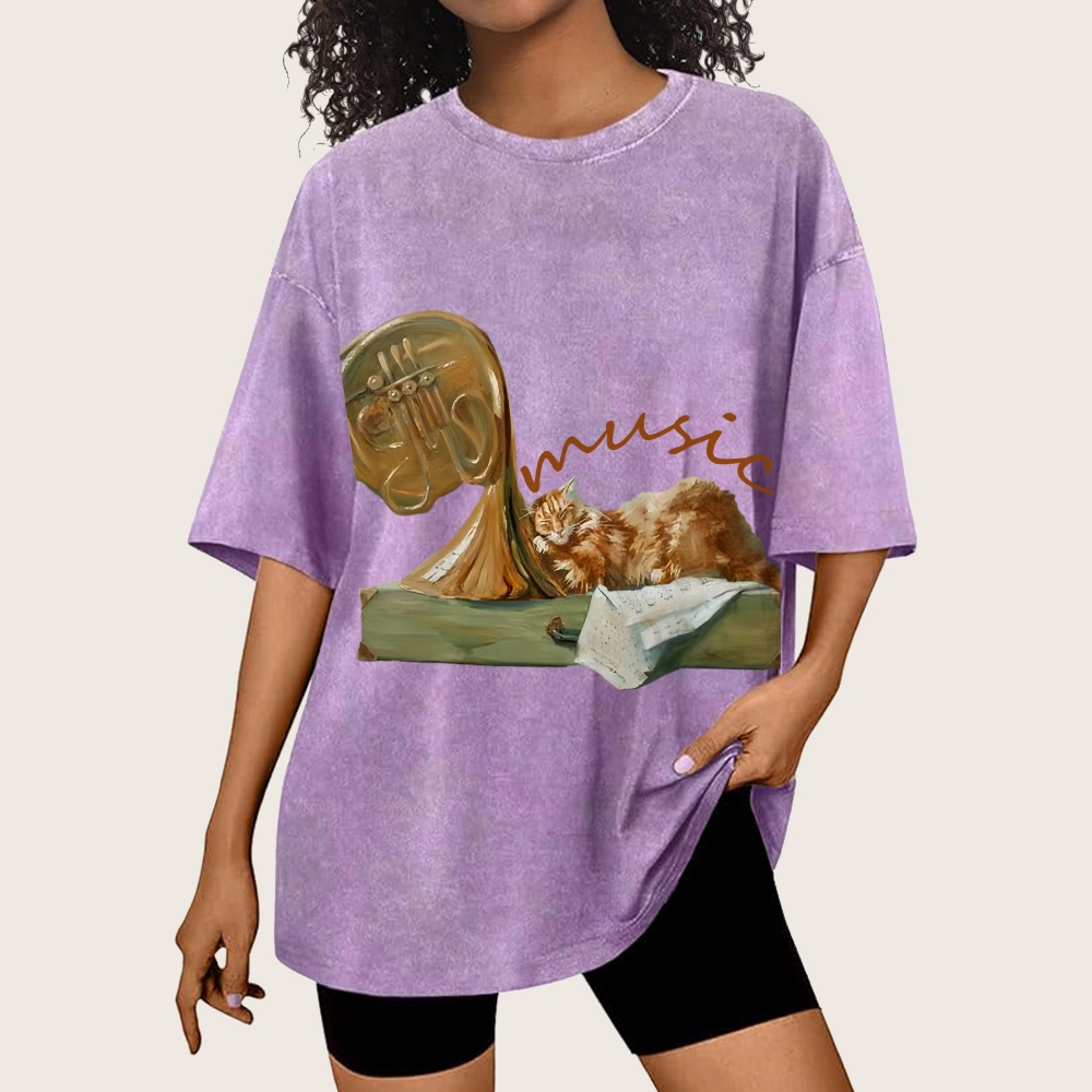 Cat listening To Music Hand Painted Art from a Child's Hands T-shirt