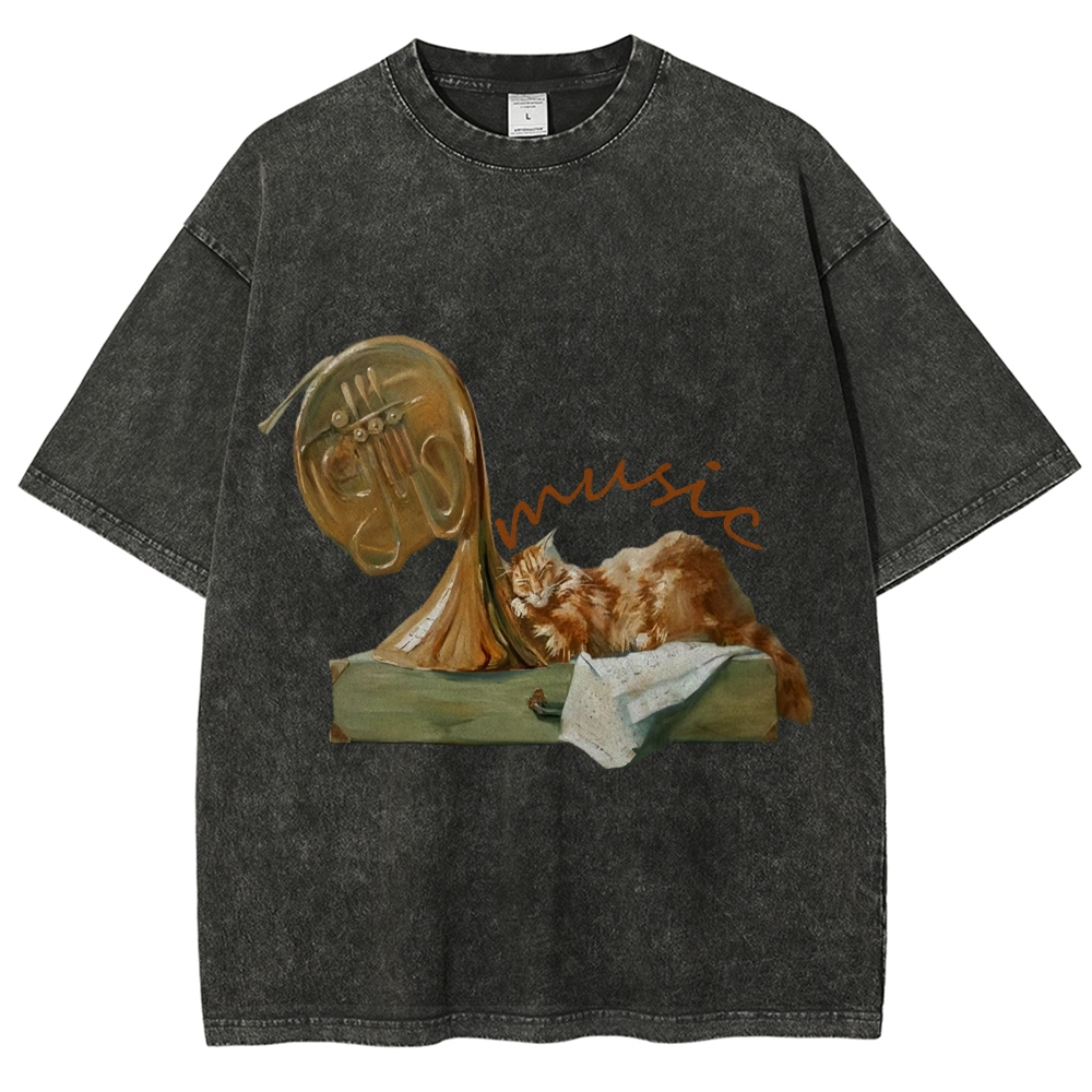 Cat listening To Music Hand Painted Art from a Child's Hands T-shirt