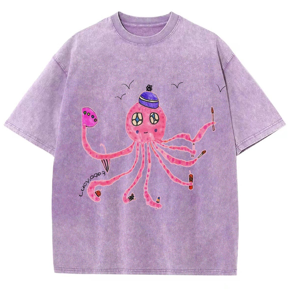 Cute Octopus Hand Painted Art from a Child's Hands Washed T-shirt
