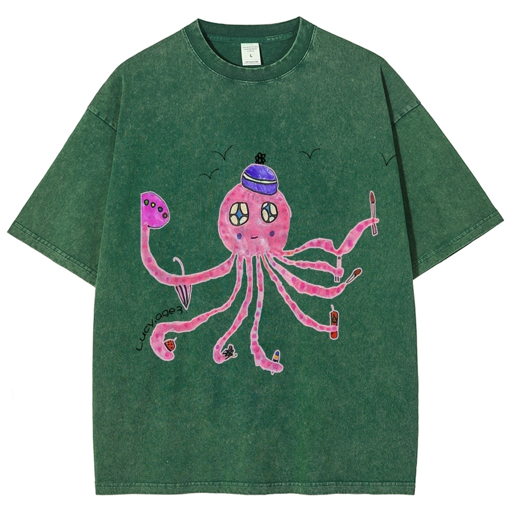 Cute Octopus Hand Painted Art from a Child's Hands Washed T-shirt