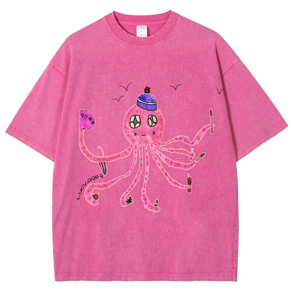 Cute Octopus Hand Painted Art from a Child's Hands Washed T-shirt