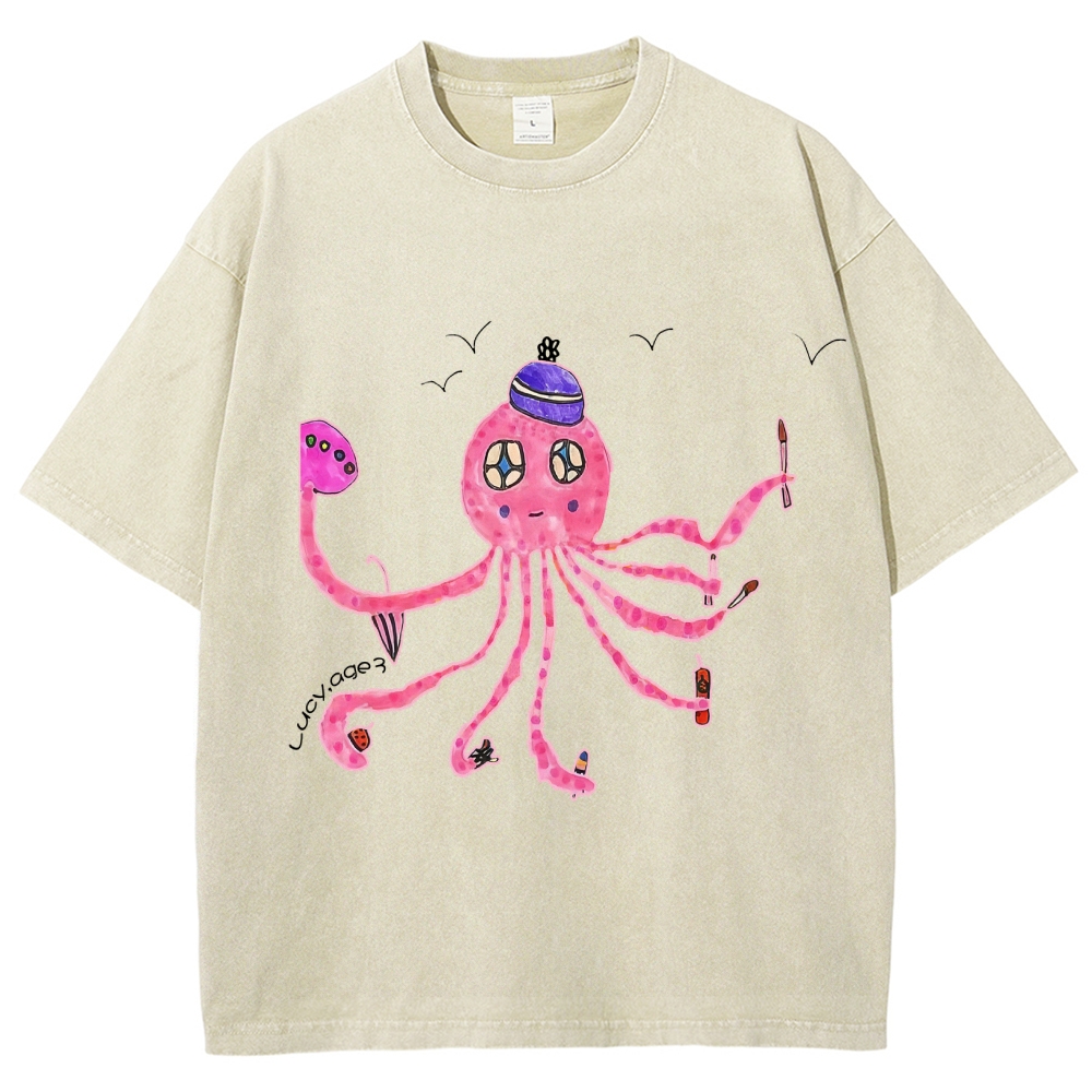 Cute Octopus Hand Painted Art from a Child's Hands Washed T-shirt
