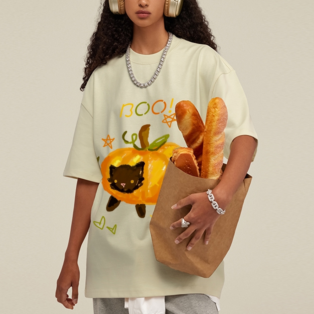 Cute Pumpkin Cat Hand Painted Art from a Child's Hands Washed T-shirt
