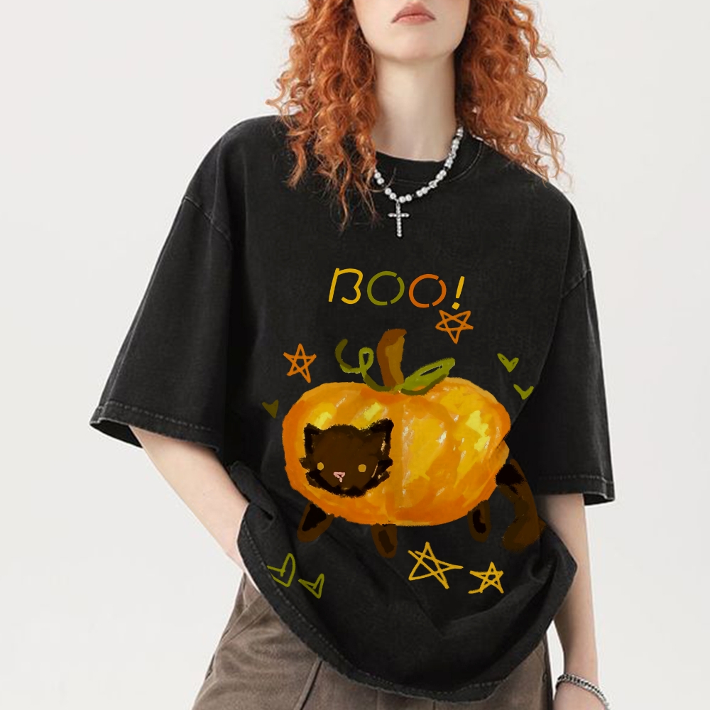 Cute Pumpkin Cat Hand Painted Art from a Child's Hands Washed T-shirt