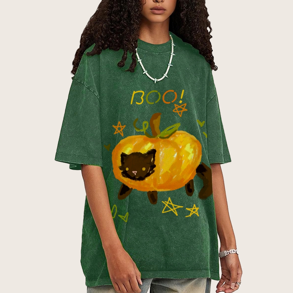 Cute Pumpkin Cat Hand Painted Art from a Child's Hands Washed T-shirt