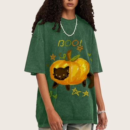 Cute Pumpkin Cat Hand Painted Art from a Child's Hands Washed T-shirt