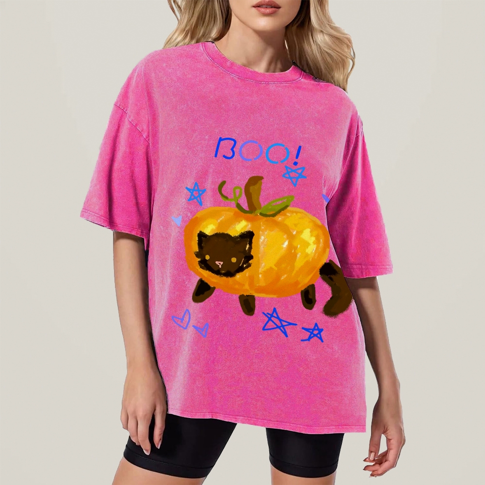 Cute Pumpkin Cat Hand Painted Art from a Child's Hands Washed T-shirt