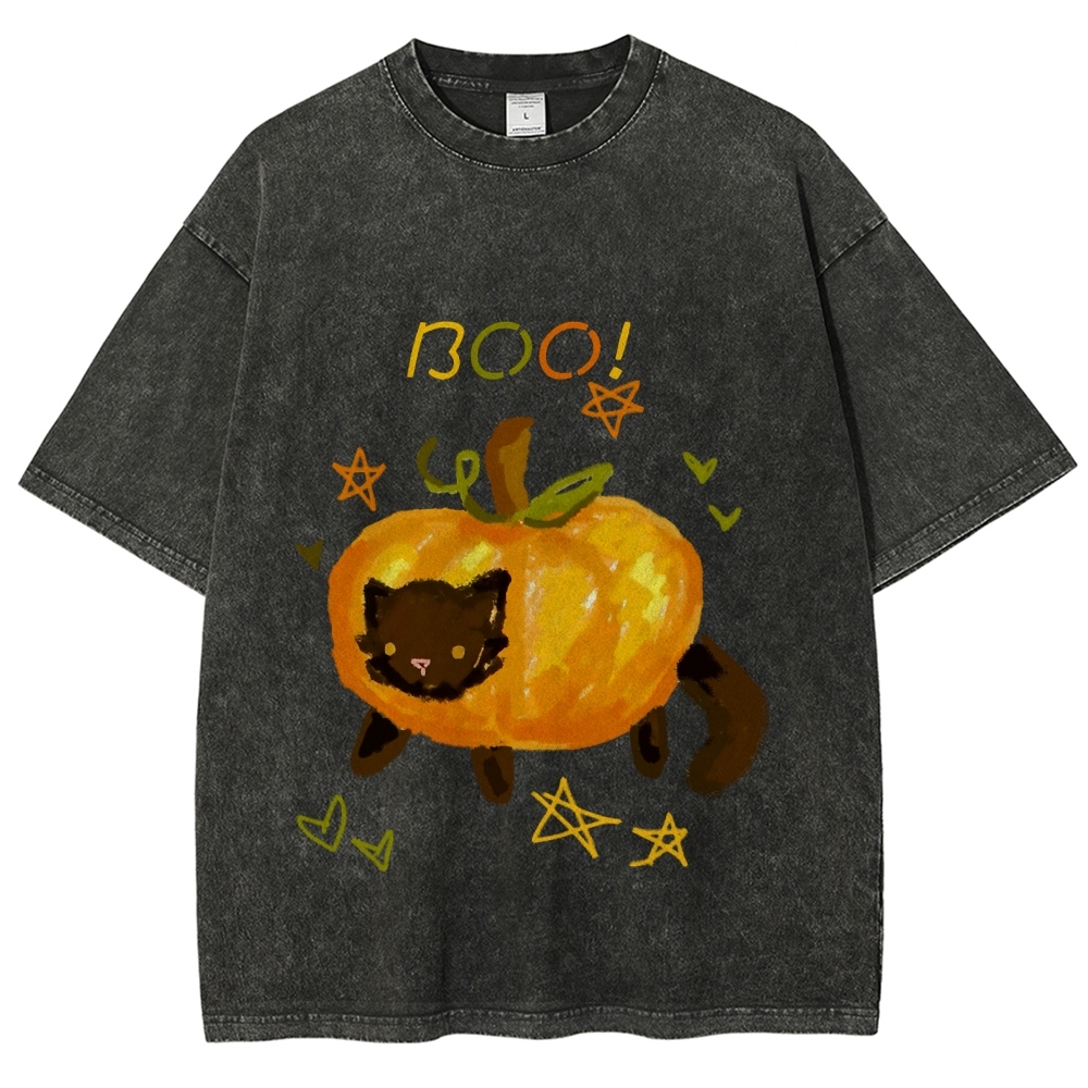 Cute Pumpkin Cat Hand Painted Art from a Child's Hands Washed T-shirt