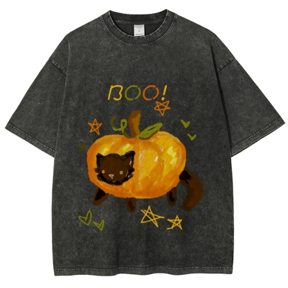 Cute Pumpkin Cat Hand Painted Art from a Child's Hands Washed T-shirt