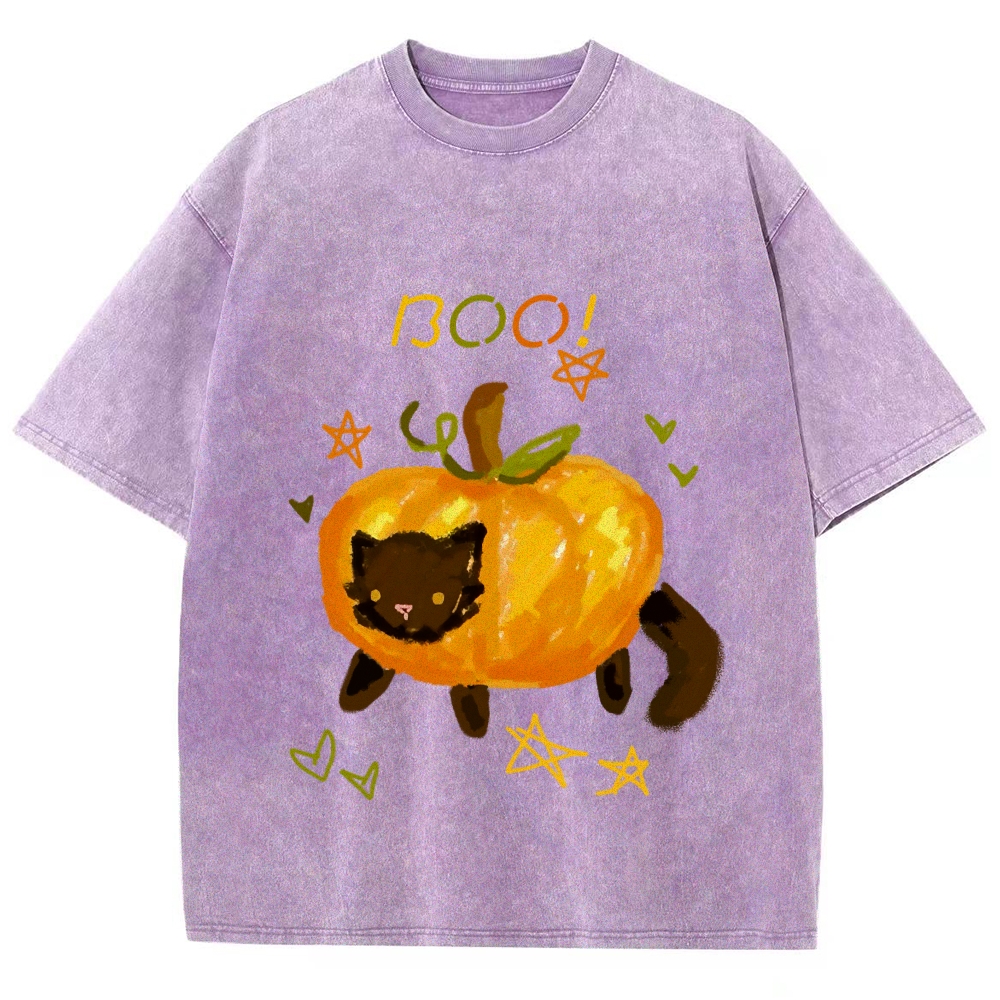 Cute Pumpkin Cat Hand Painted Art from a Child's Hands Washed T-shirt