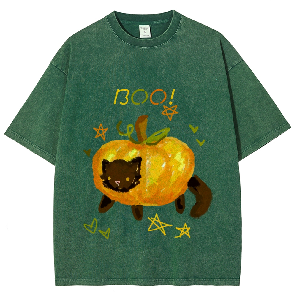 Cute Pumpkin Cat Hand Painted Art from a Child's Hands Washed T-shirt