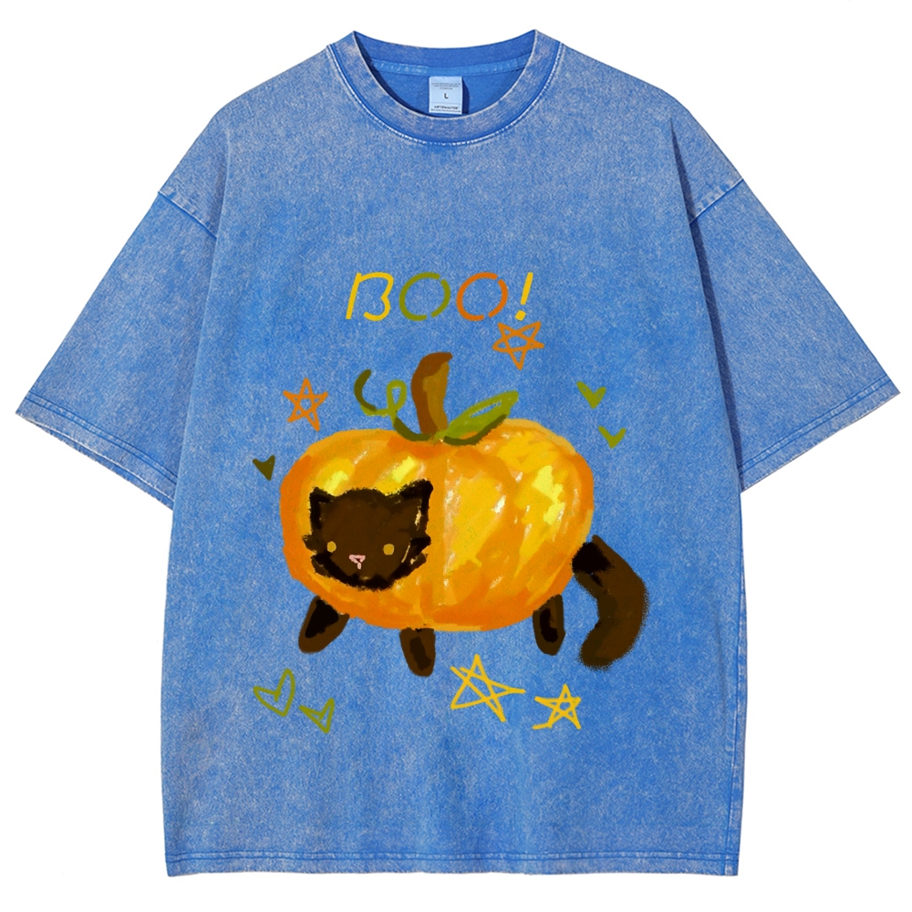 Cute Pumpkin Cat Hand Painted Art from a Child's Hands Washed T-shirt