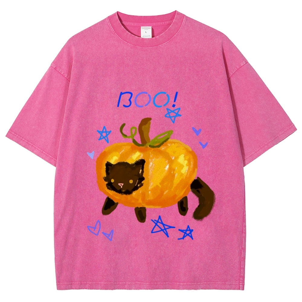 Cute Pumpkin Cat Hand Painted Art from a Child's Hands Washed T-shirt