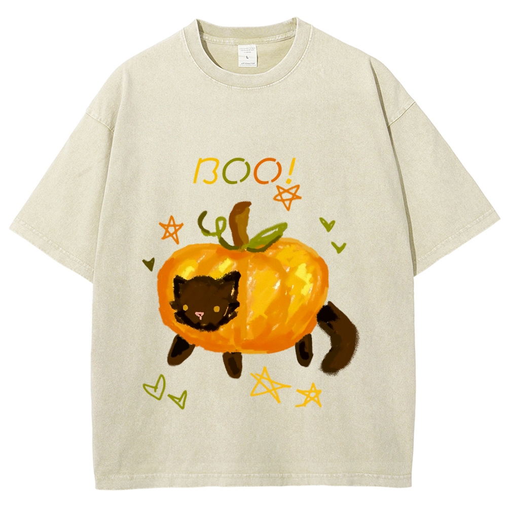 Cute Pumpkin Cat Hand Painted Art from a Child's Hands Washed T-shirt