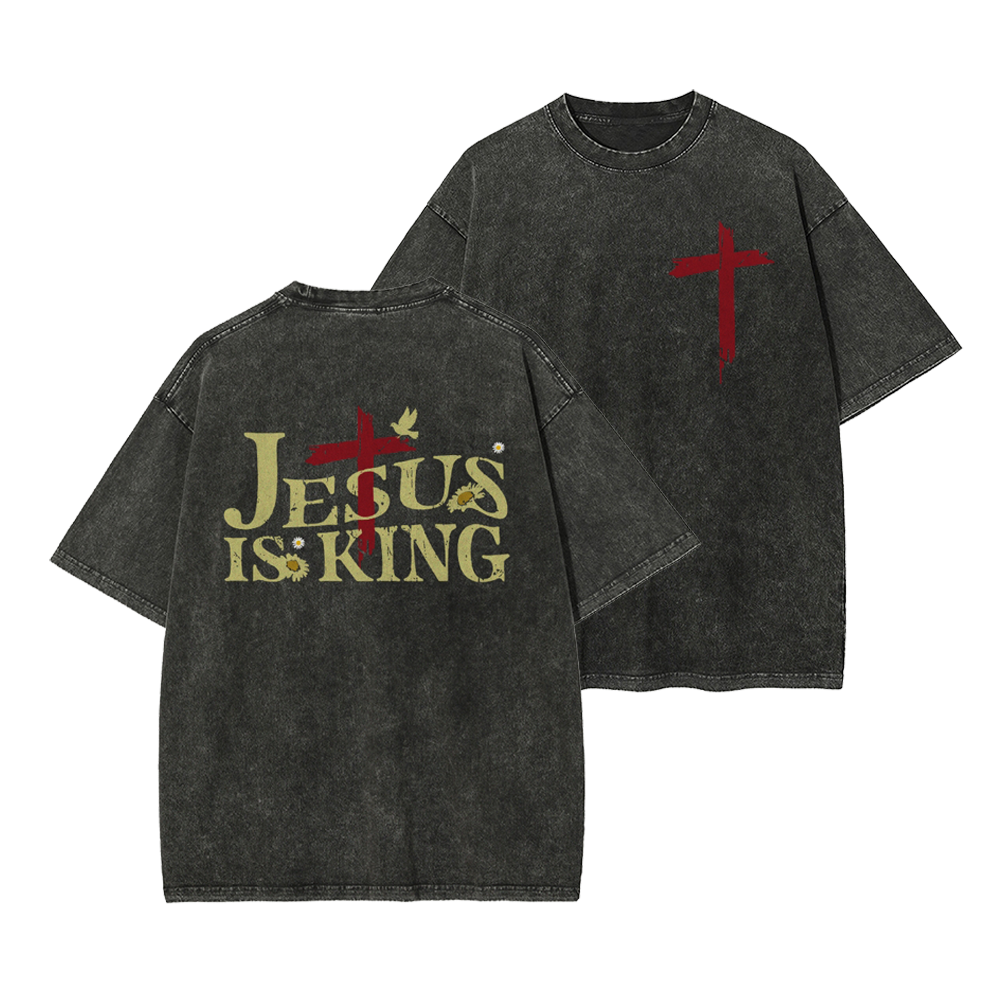 Jesus Is King Christian Casual Washed Cotton T-shirt