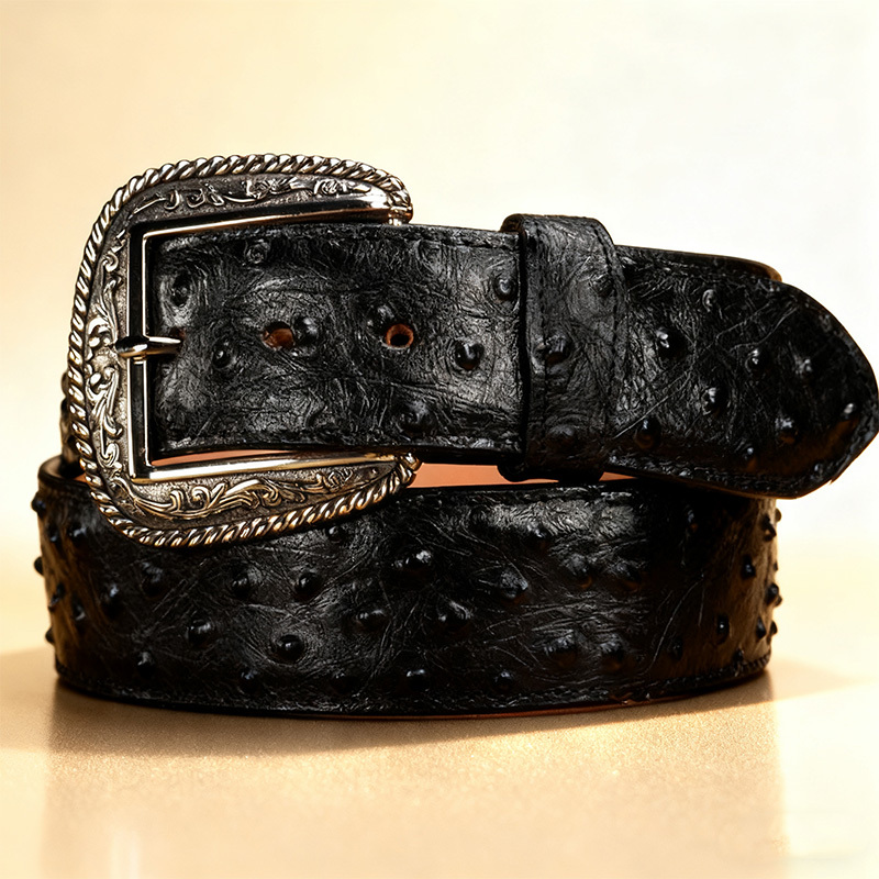 Premium Pure Natural Black Ostrich Leather Belt