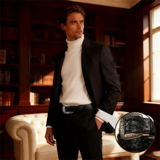 Premium Pure Natural Black Ostrich Leather Belt