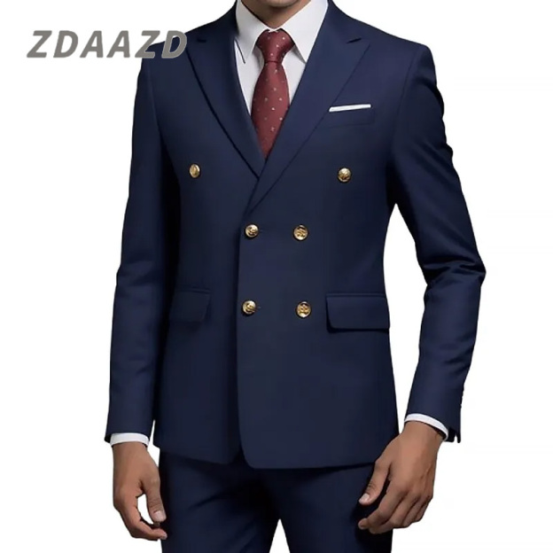 Double Breasted Flat Barge Collar Slim Fit Men's Suit