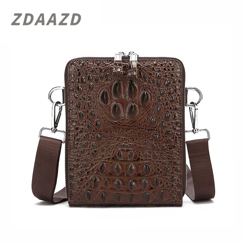 Crocodile leather shoulder bag multilayer double zipper crossbody commuter bag for men
