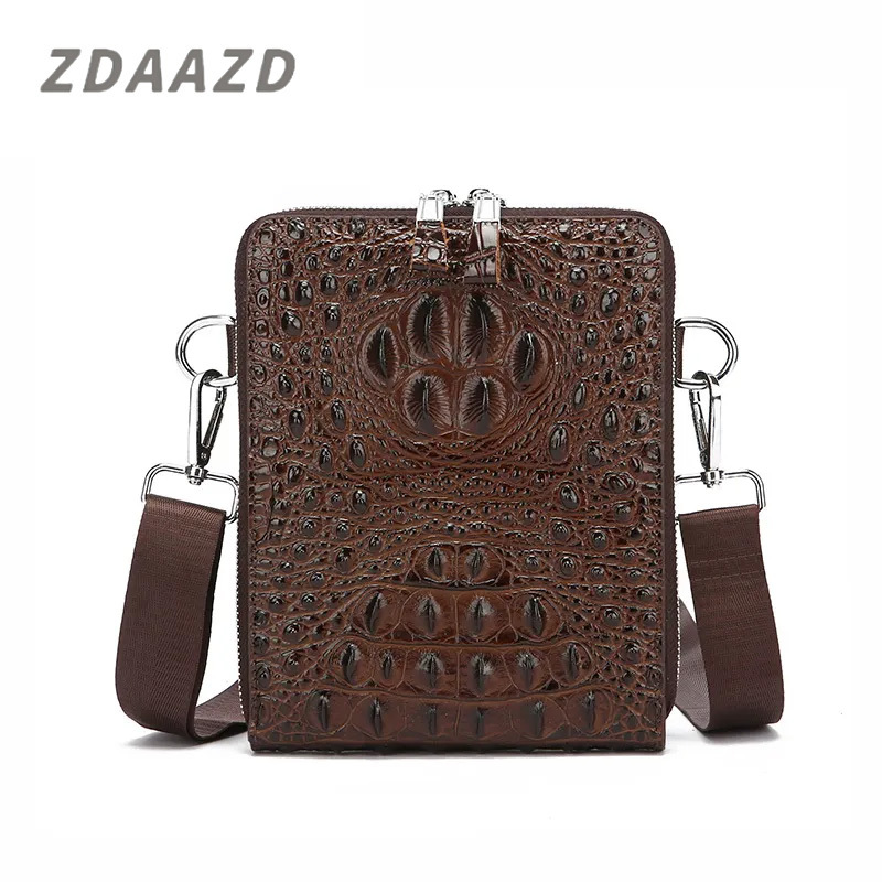 Crocodile leather shoulder bag multilayer double zipper crossbody commuter bag for men