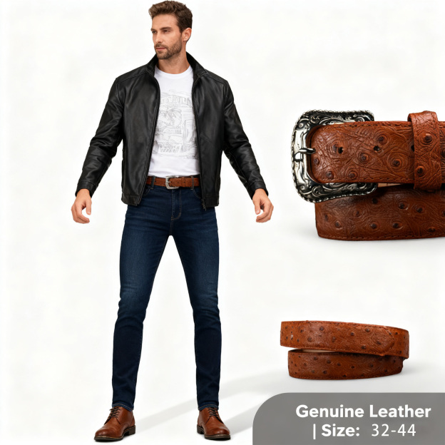 Pure natural high-quality light brown ostrich leather belt