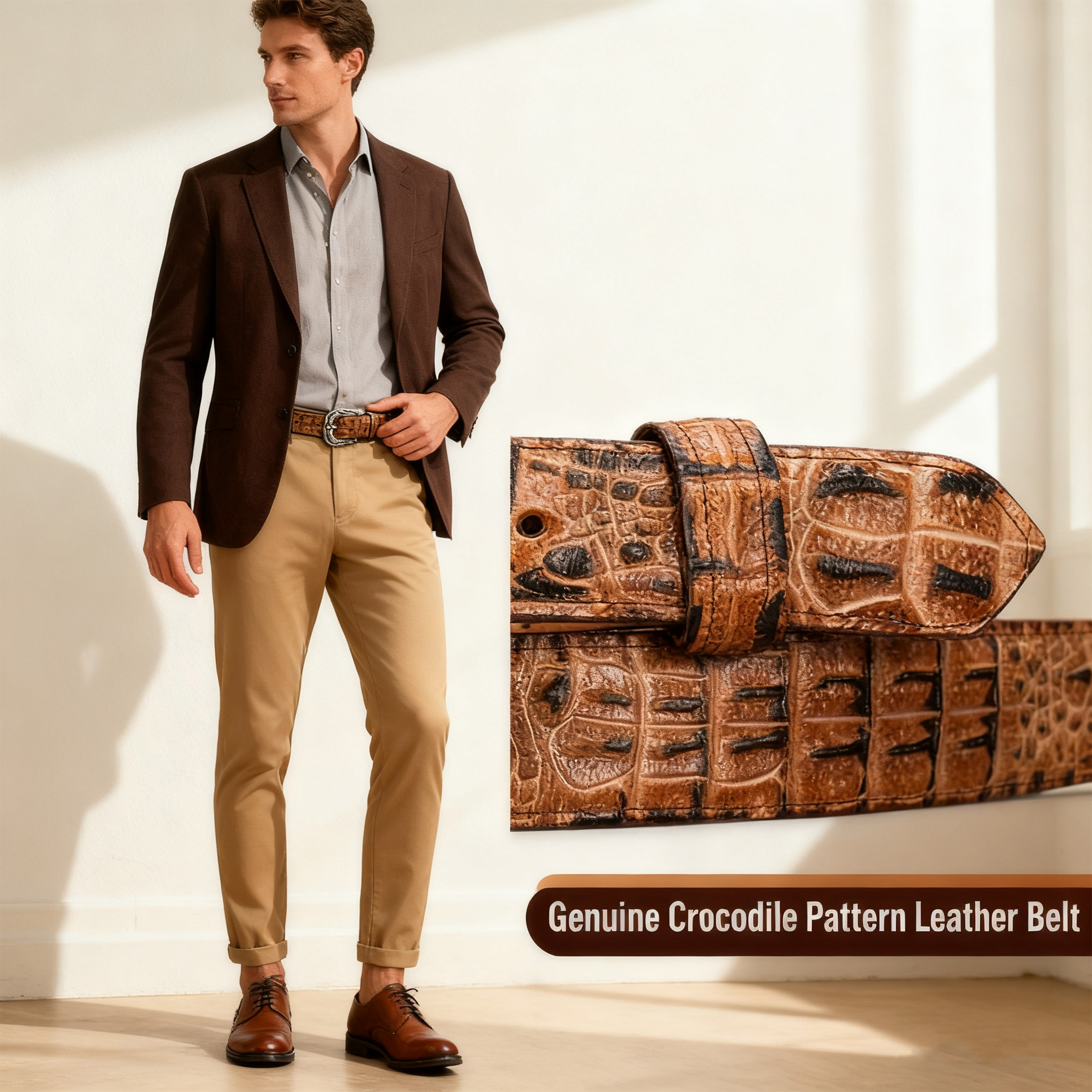 Men's premium crocodile leather belt