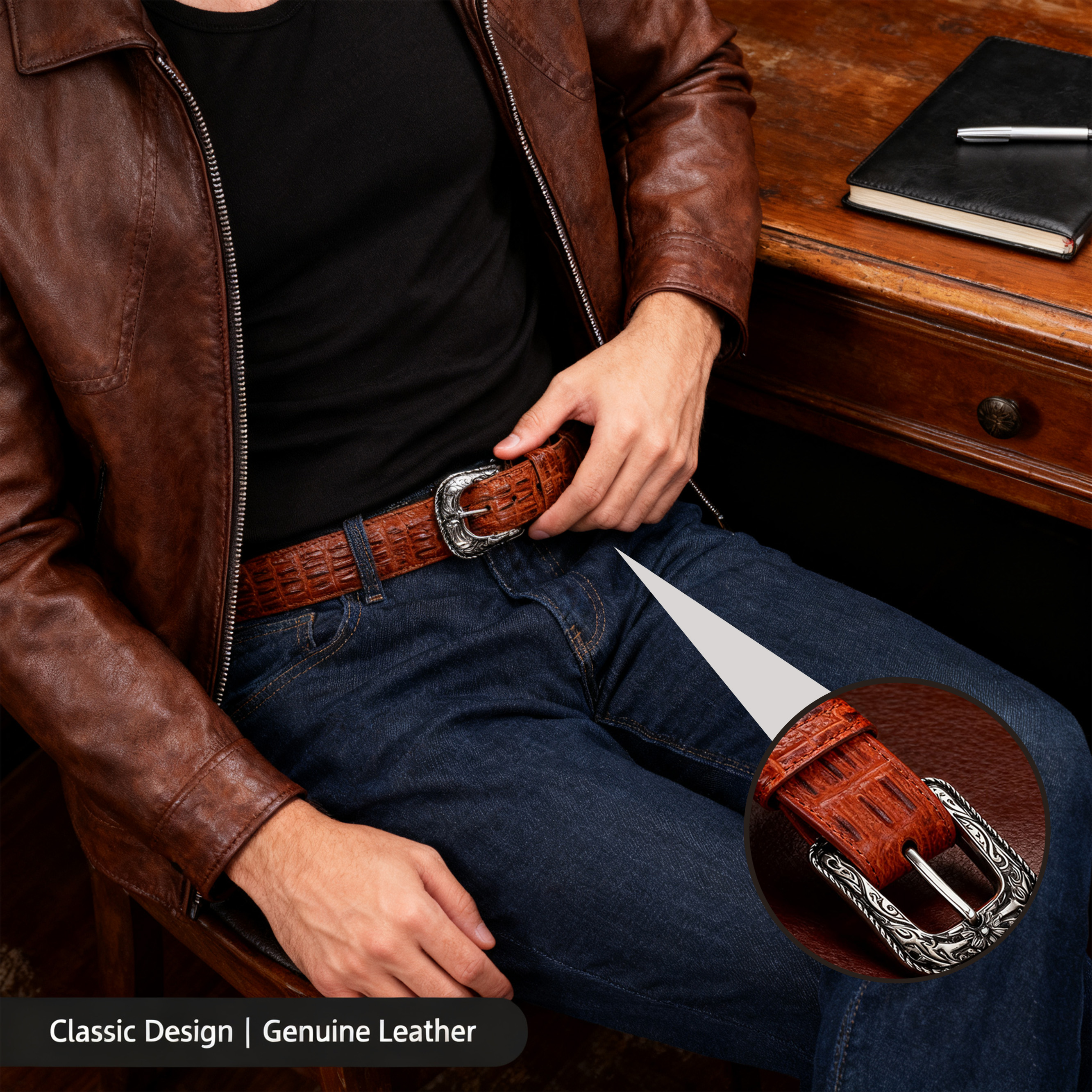 Men's premium brown-red crocodile leather belt