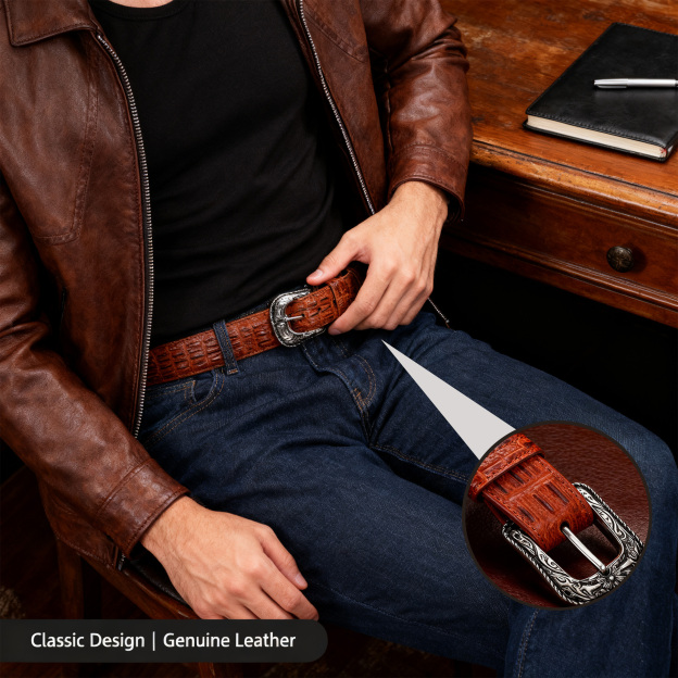 Men's premium brown-red crocodile leather belt