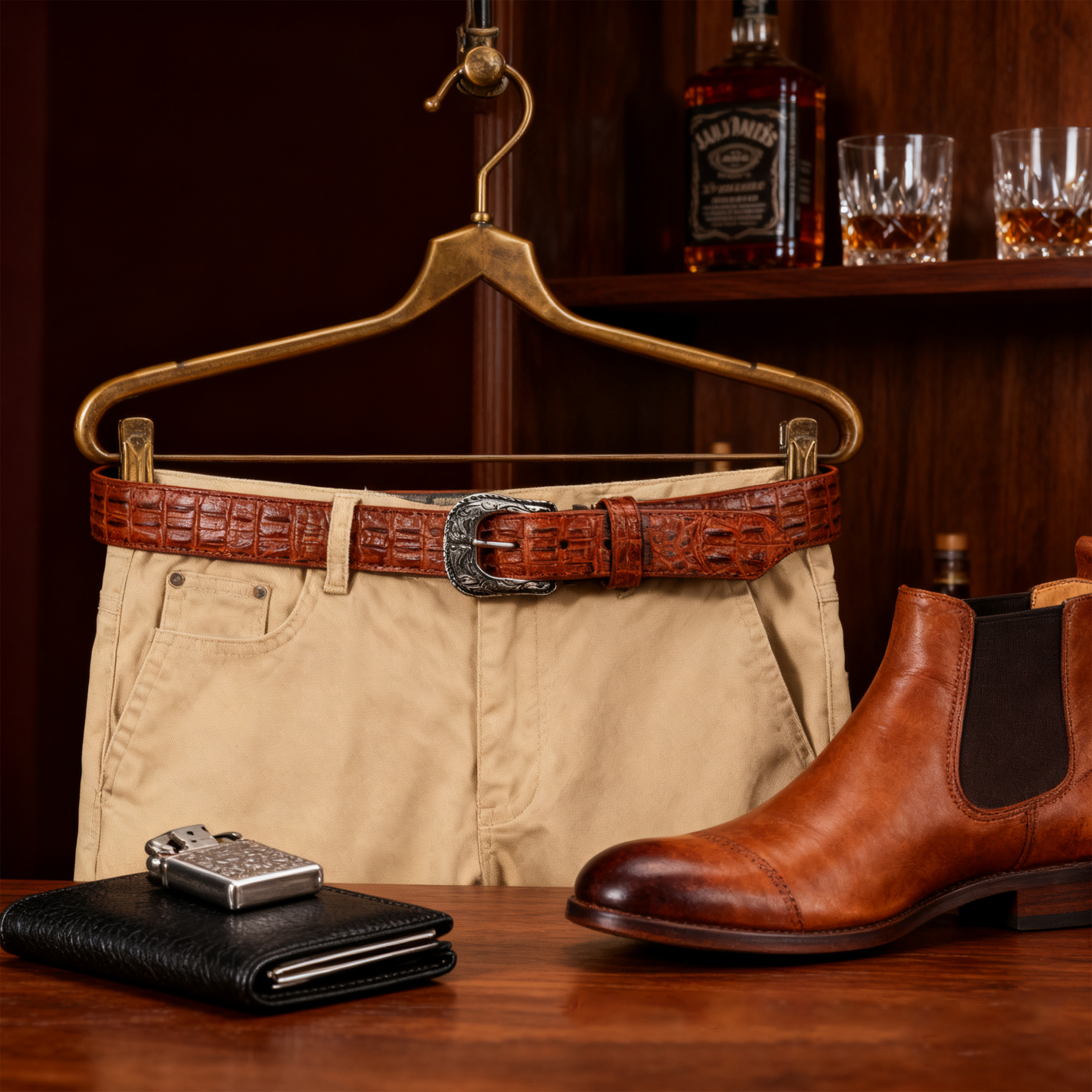 Men's premium brown-red crocodile leather belt