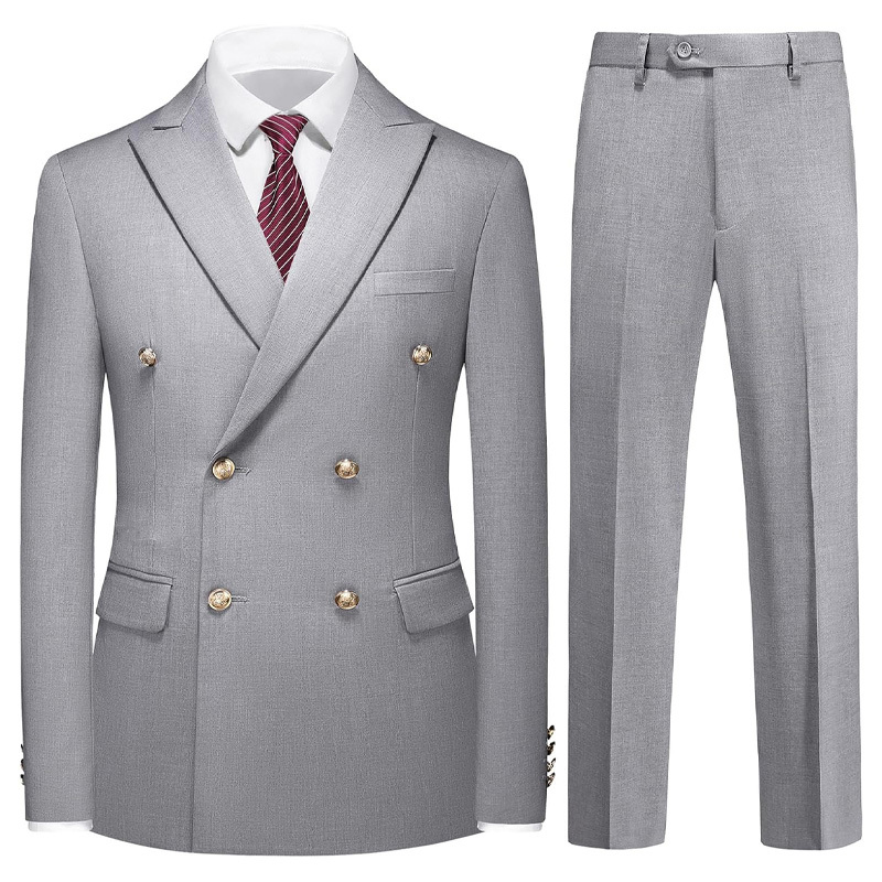 Double Breasted Flat Barge Collar Slim Fit Men's Suit