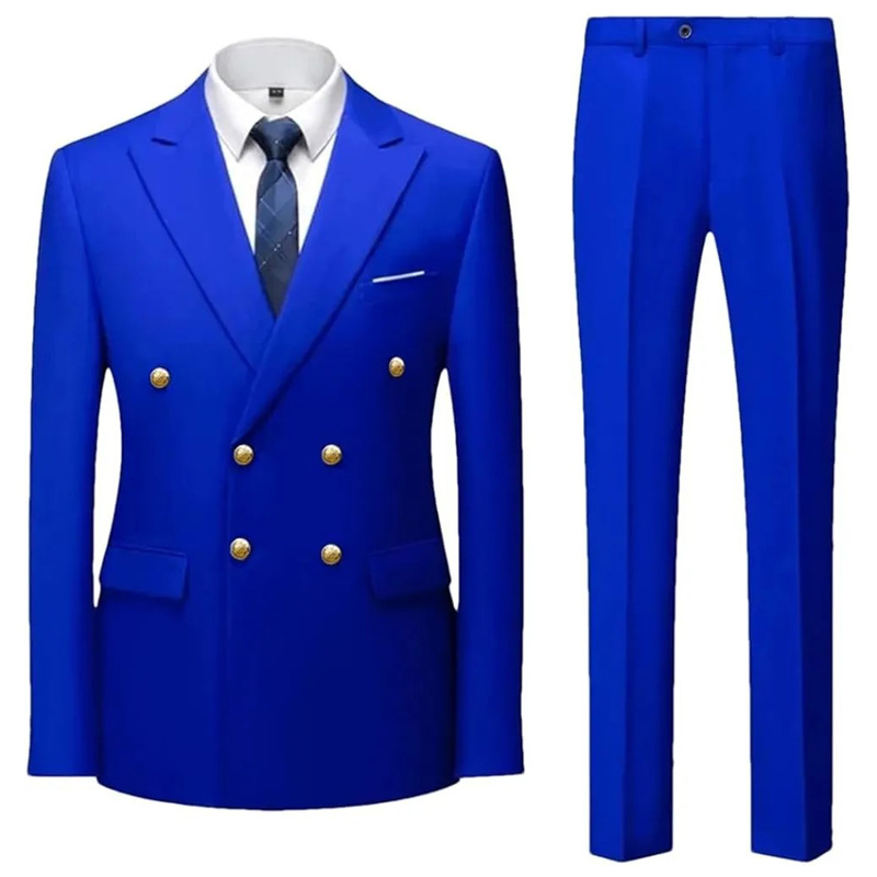 Double Breasted Flat Barge Collar Slim Fit Men's Suit