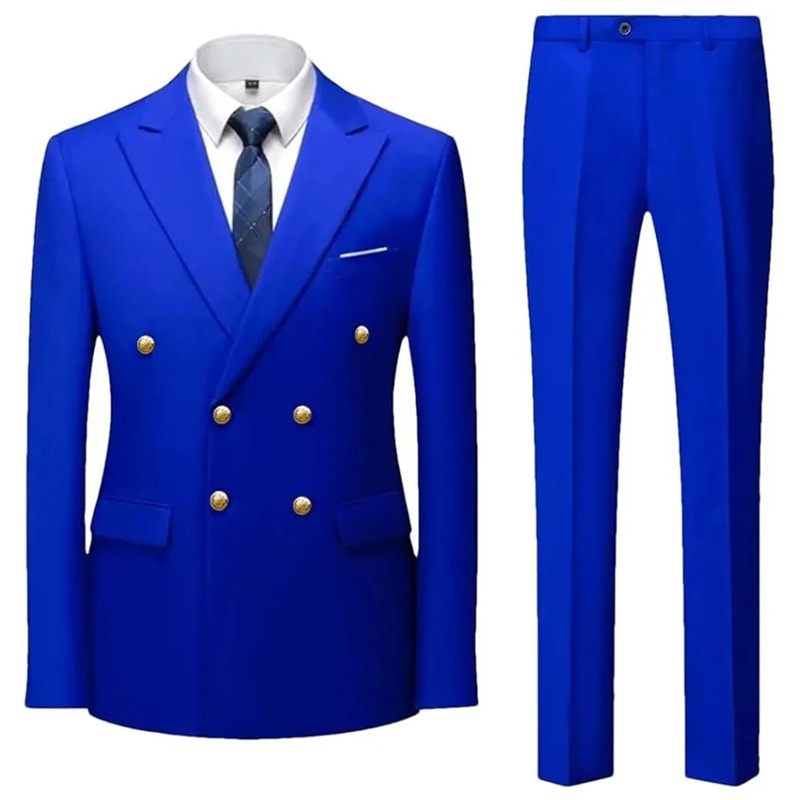 Double Breasted Flat Barge Collar Slim Fit Men's Suit