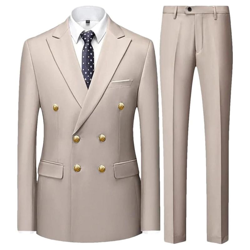 Double Breasted Flat Barge Collar Slim Fit Men's Suit