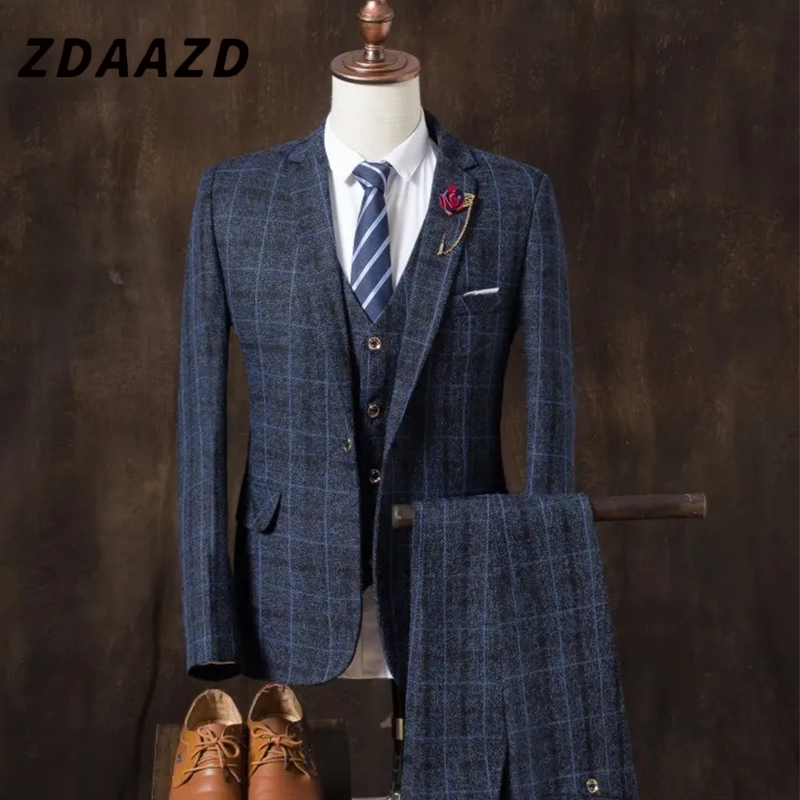 England Slim Plaid Men's Suit Three Piece Suit