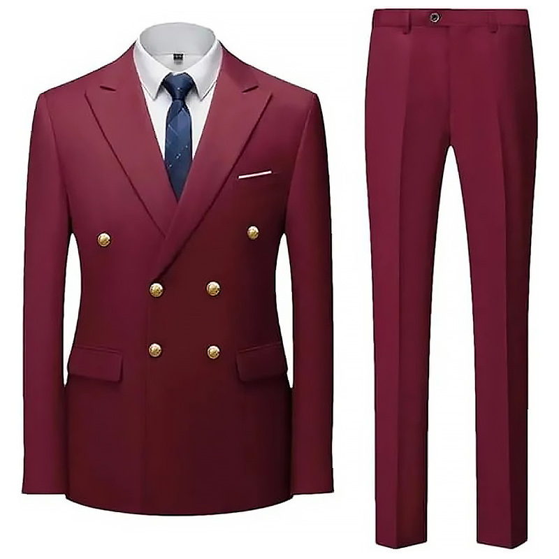 Double Breasted Flat Barge Collar Slim Fit Men's Suit