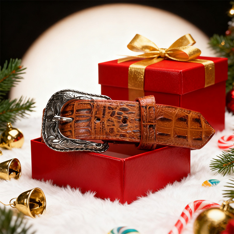 Men's premium brown-red crocodile leather belt