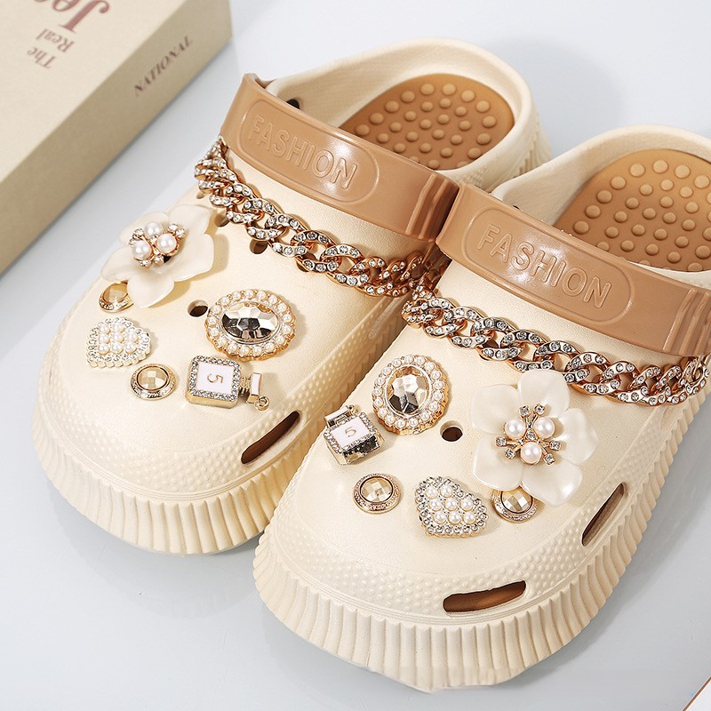 Hole shoes accessories diy pearl metal rhinestone chain decorative buckle-Zdaazd