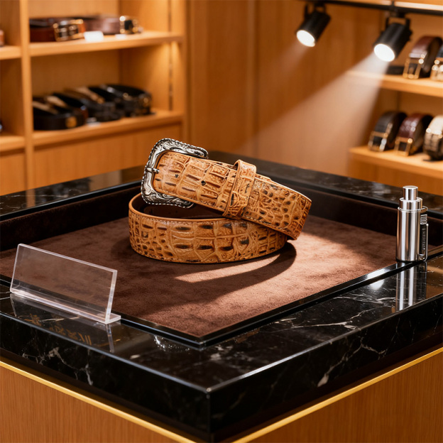 Men's premium khaki crocodile leather belt