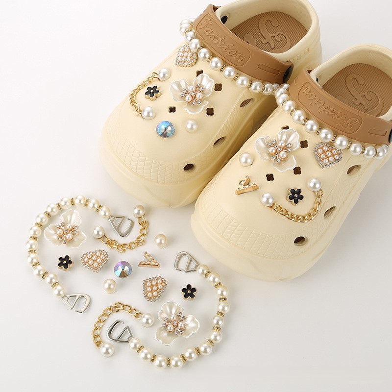 Hole shoes accessories diy pearl metal rhinestone chain decorative buckle-Zdaazd