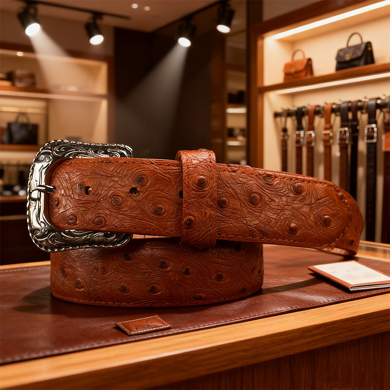 Pure natural high-quality light brown ostrich leather belt