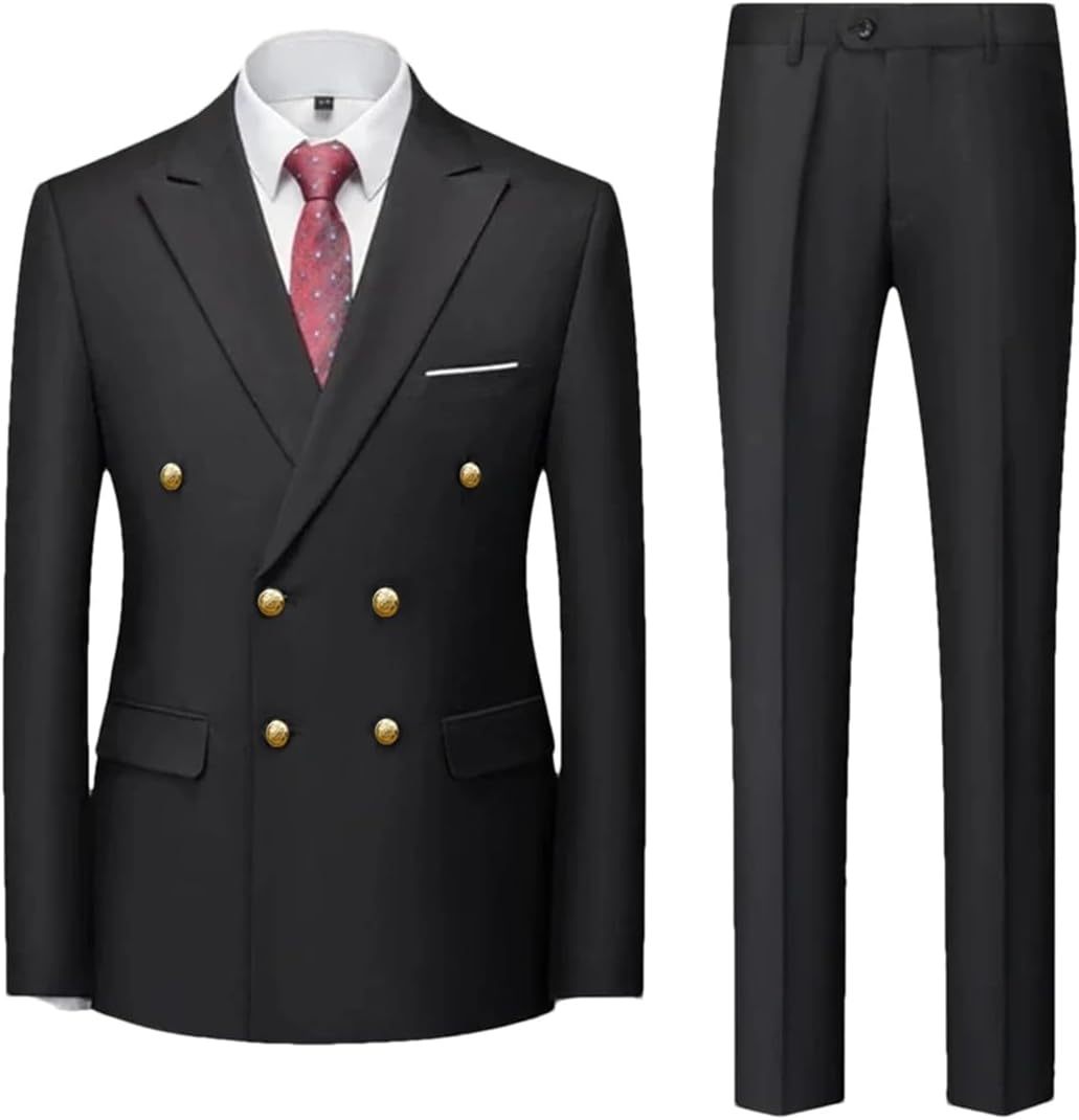 Double Breasted Flat Barge Collar Slim Fit Men's Suit