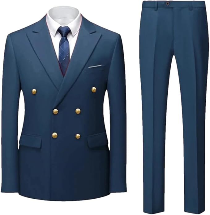 Double Breasted Flat Barge Collar Slim Fit Men's Suit