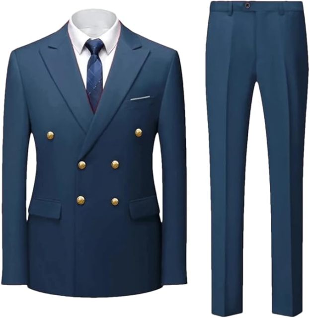 Double Breasted Flat Barge Collar Slim Fit Men's Suit