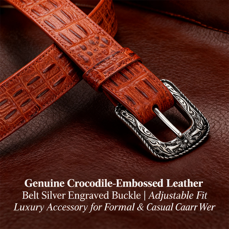 Men's premium brown-red crocodile leather belt